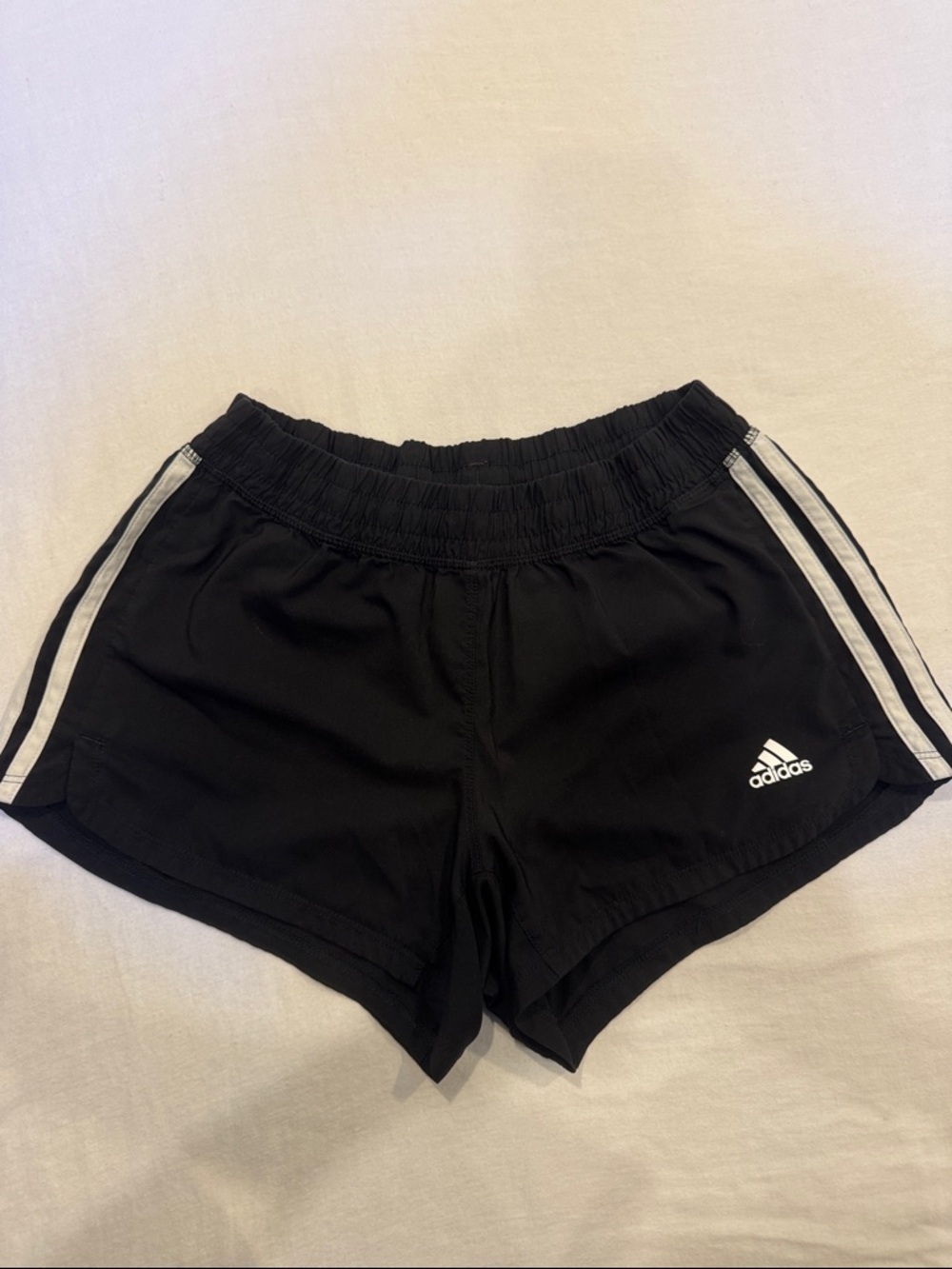 adidas Black Women's Athletic Shorts with White Side Stripes-Small, 3” inseam